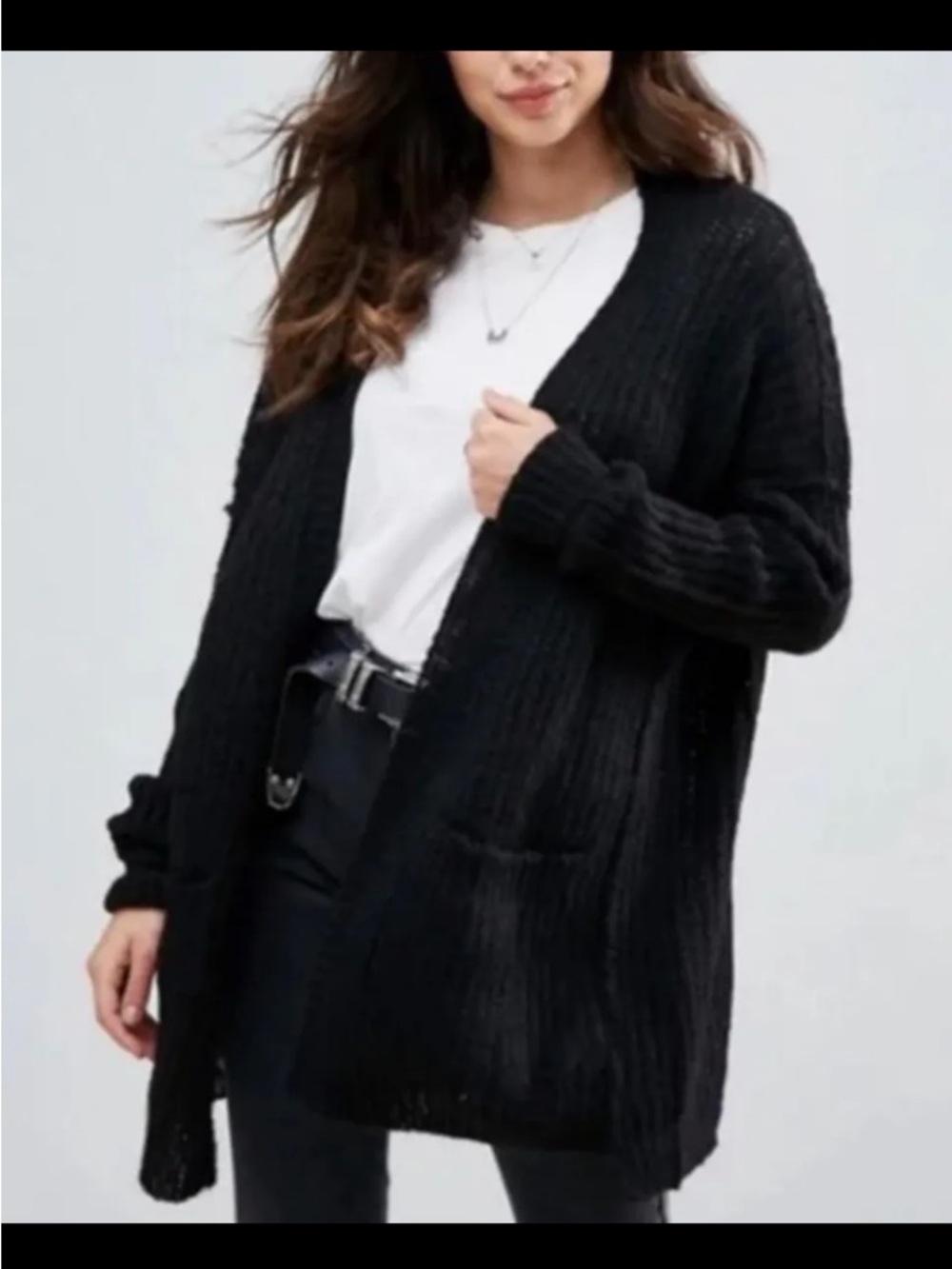 Free People Black Ribbed Open-Front Cardigan